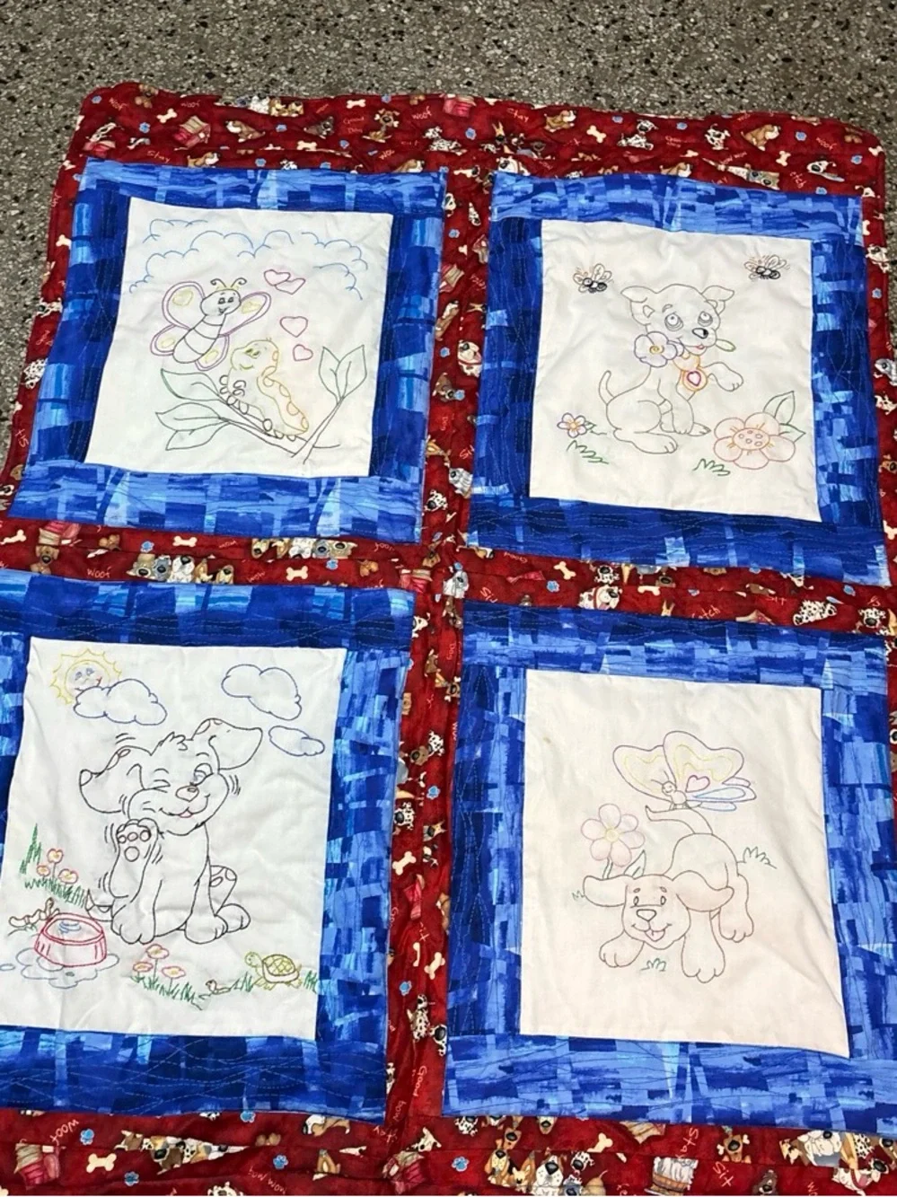 NEW VTG Handmade BABY QUILT Embroidered BLOCKS Panels animals BLANKET 45x35